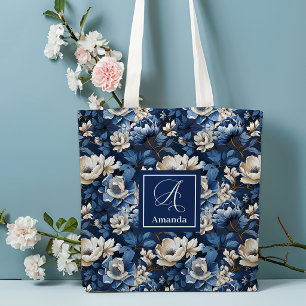 Beautiful Navy Flowers Personalized Floral Tote  Bag