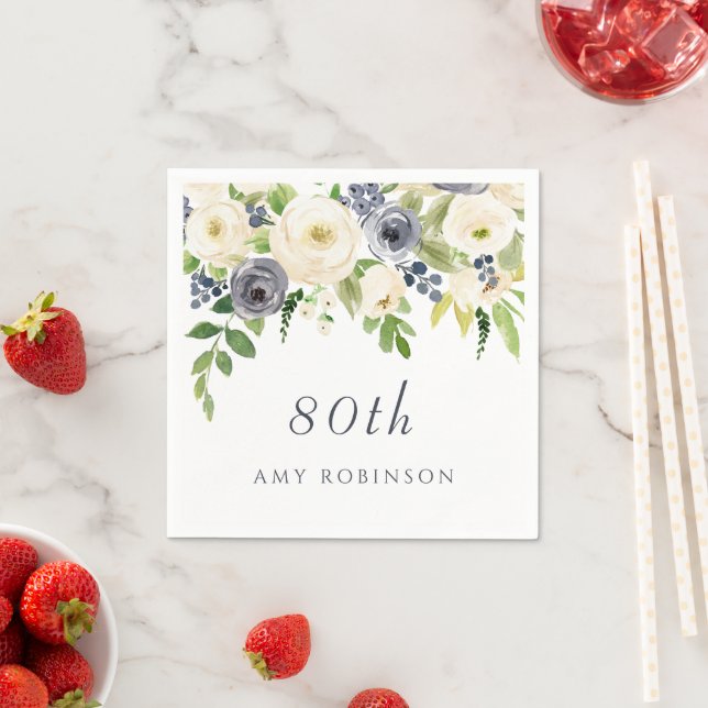 Beautiful Navy & White flowers 80th Birthday Party Napkin (Insitu)