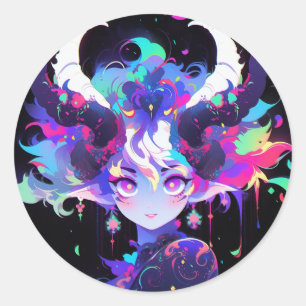 Beautiful Neon Anime Demon Elf Girl with Horns Classic Round Sticker