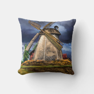 Beautiful Netherlands Windmill Landscape - Drawing Throw Pillow