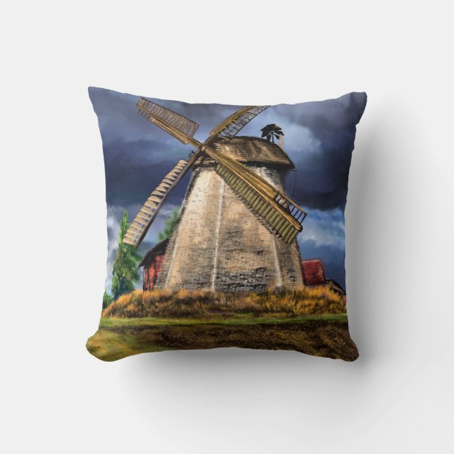 Beautiful Netherlands Windmill Landscape - Drawing Throw Pillow (Front)