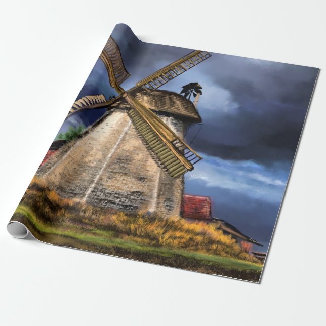 Beautiful Netherlands Windmill Landscape - Drawing Wrapping Paper (Unrolled)