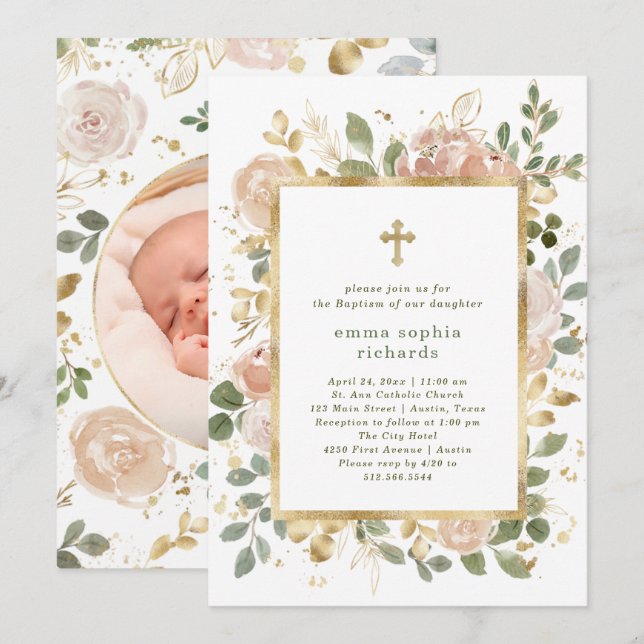 Beautiful Neutral Florals | Photo Back Baptism Invitation (Front/Back)