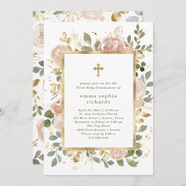 Beautiful Neutral Florals | Photo First Communion Invitation (Front/Back)