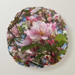 Beautiful new spring apple tree flowers round pillow