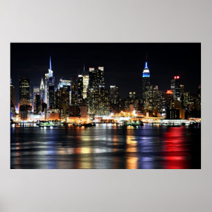 Beautiful New York Night Lights Reflecting River Poster