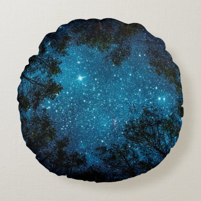 Beautiful night sky, the Milky Way and the trees.  Round Pillow (Front)