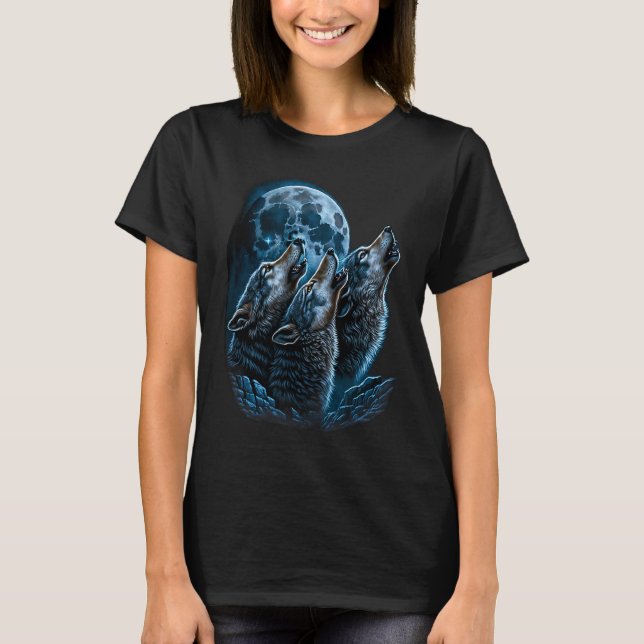 Beautiful Night Time Wolf Howling At Moon T-Shirt (Front)