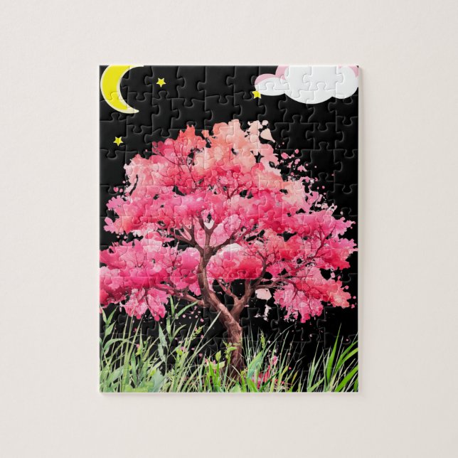 Beautiful night view of a cherry blossom tree jigsaw puzzle (Vertical)