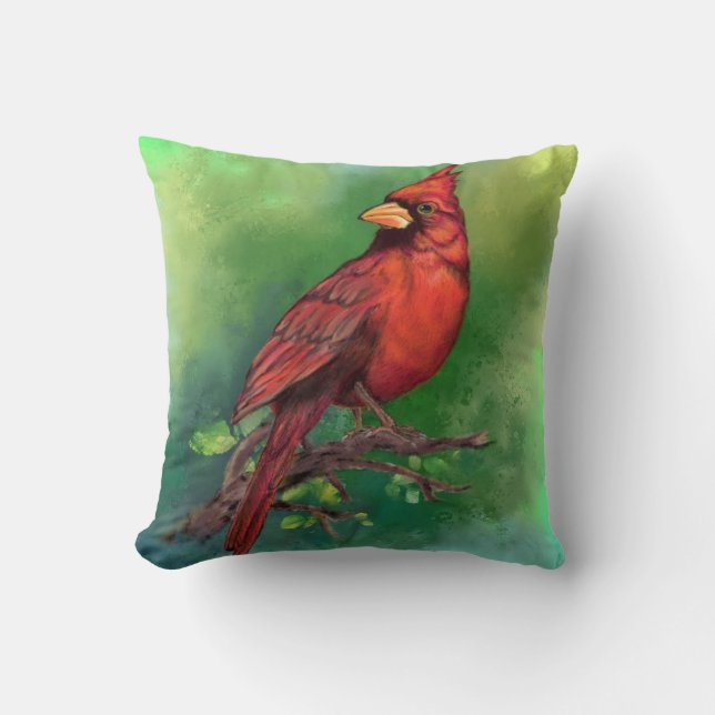 Beautiful Northern Red Cardinal Bird Painting Art  Throw Pillow (Front)