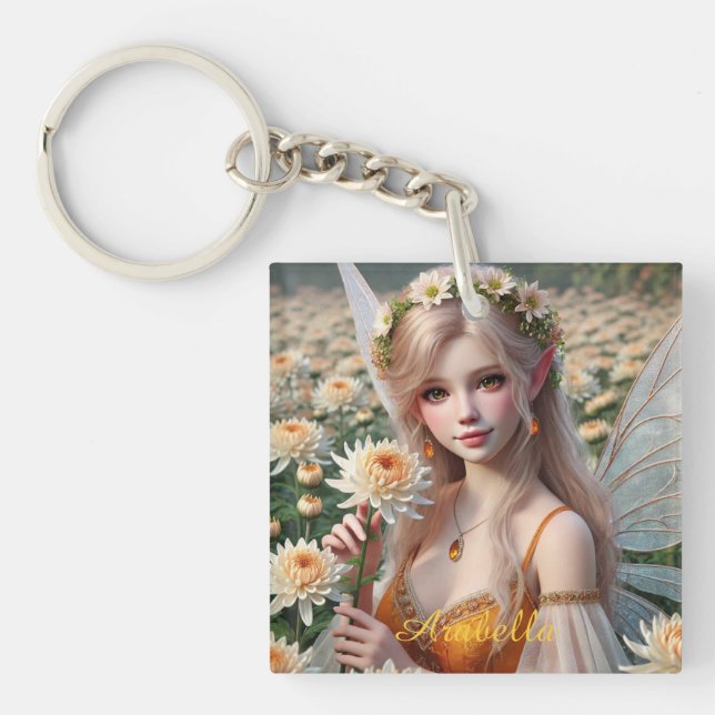 Beautiful November Fairy in Chrysanthemums Keychain (Front)