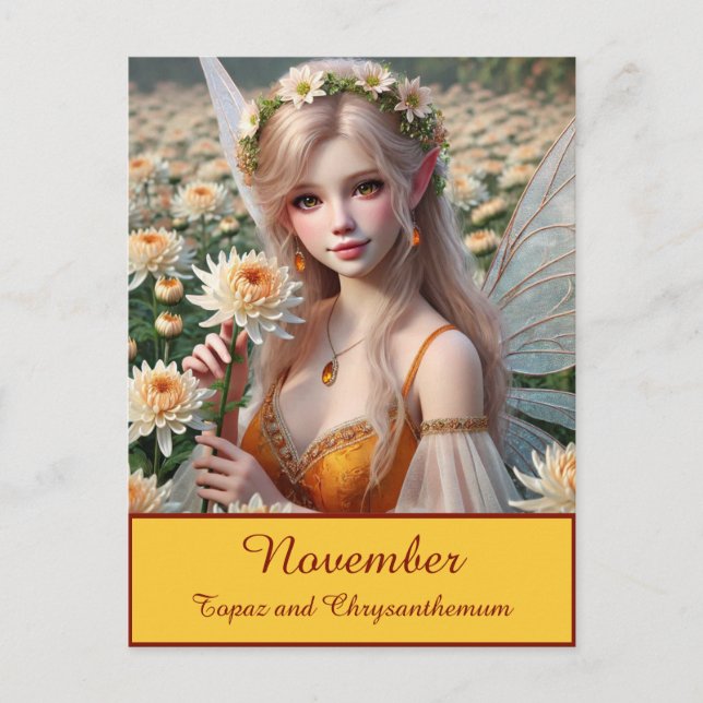 Beautiful November Fairy in Chrysanthemums Postcard (Front)