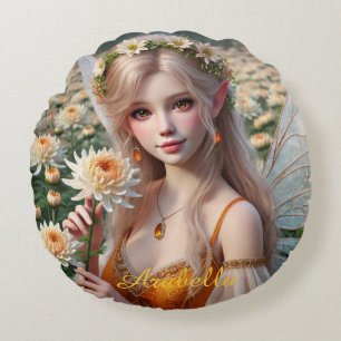 Beautiful November Fairy in Chrysanthemums Round Pillow