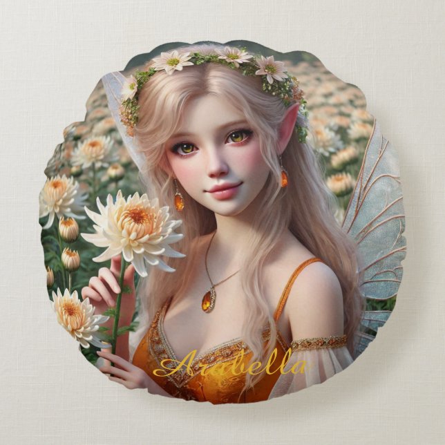 Beautiful November Fairy in Chrysanthemums Round Pillow (Front)