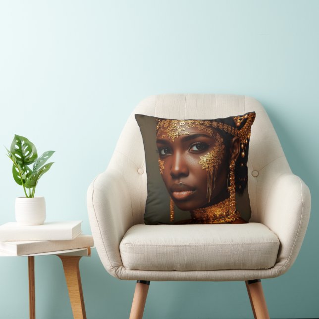 Beautiful Nubian Goddess in Gold Throw Pillow (Chair)