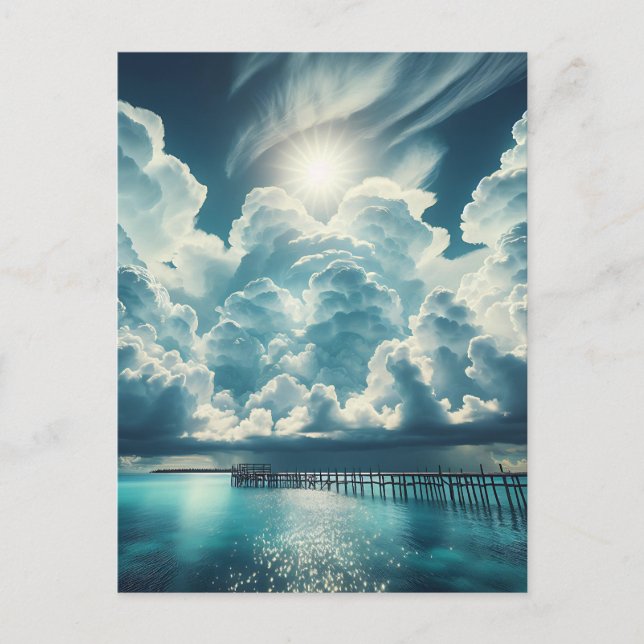 Beautiful Ocean, Dock and Fluffy Clouds Postcard (Front)