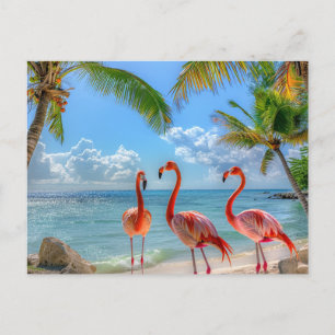 Beautiful Ocean Pink Flamingos Palm Trees Sand  Postcard