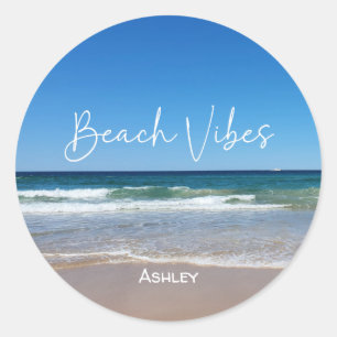 Beautiful Ocean Sand Beach Photo With White Waves Classic Round Sticker