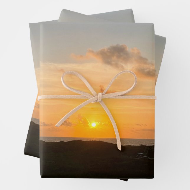 Beautiful Ocean Sunrise Nature Beach Photography Wrapping Paper Sheet (In situ)