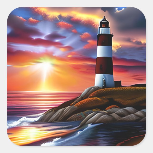 Beautiful Ocean Sunset and Lighthouse Square Sticker (Front)