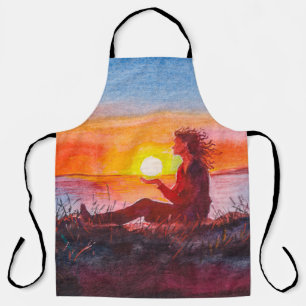 Beautiful ocean sunset. Portrait of young woman as Apron