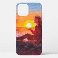 Beautiful ocean sunset. Portrait of young woman as