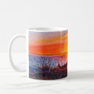 Beautiful ocean sunset. Portrait of young woman as Coffee Mug