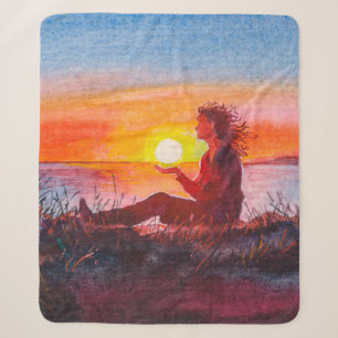 Beautiful ocean sunset. Portrait of young woman as Sherpa Blanket