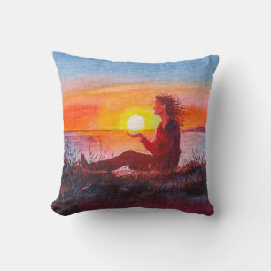 Beautiful ocean sunset. Portrait of young woman as Throw Pillow