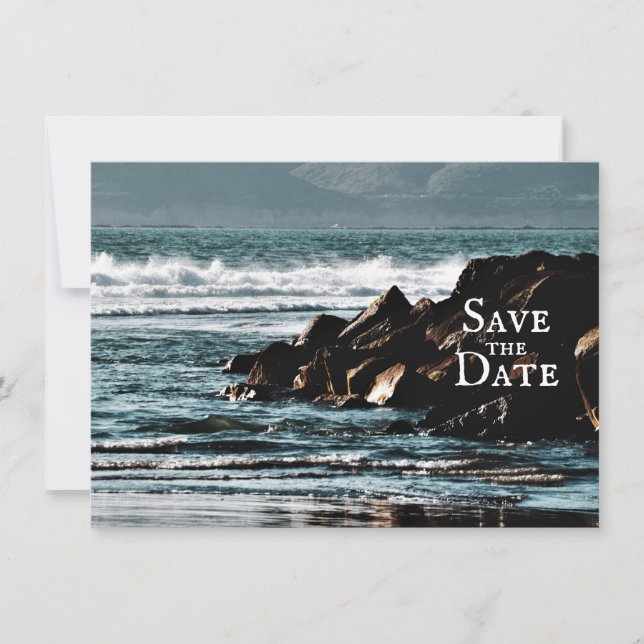 Beautiful Ocean, Waves and Rocks Beach Wedding Save The Date (Front)