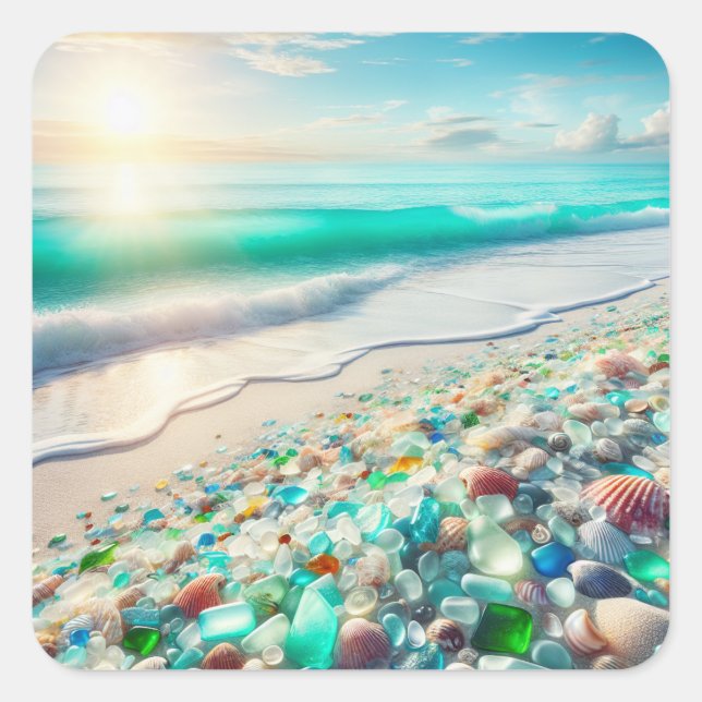 Beautiful Ocean Waves and Sea Glass Square Sticker (Front)
