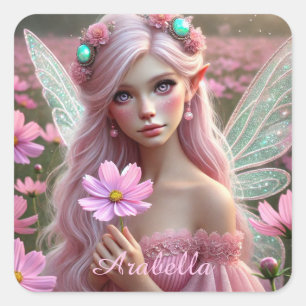 Beautiful October Fairy in Cosmos Square Sticker