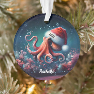 Beautiful Octopus in Santa Hat Ornament