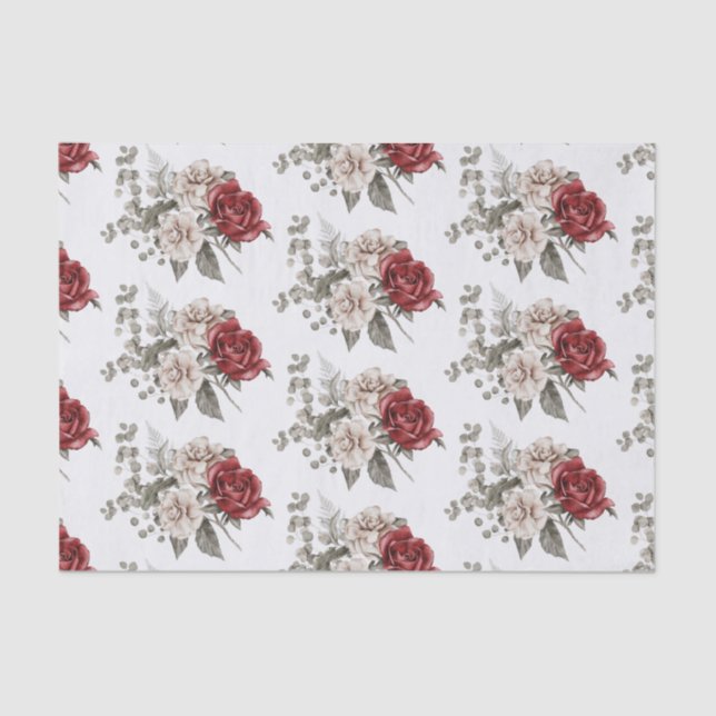 Beautiful Off-White & Red Roses Floral Patterned Tissue Paper (Front)