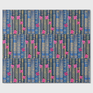 Beautiful Old Blue Book Spines (Pink Florets) Wrapping Paper