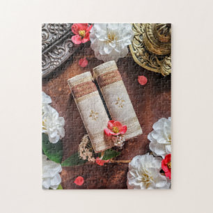 Beautiful Old Book Library & Camellias Jigsaw Puzzle