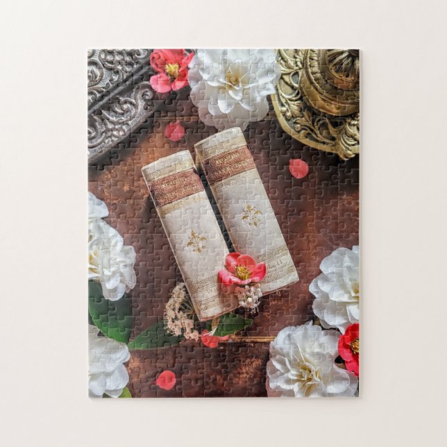 Beautiful Old Book Library & Camellias Jigsaw Puzzle (Vertical)
