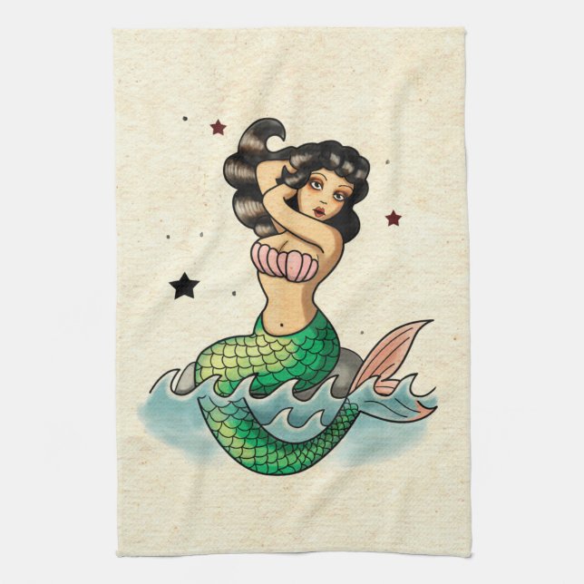 Beautiful Old School Mermaid Kitchen Towel (Vertical)