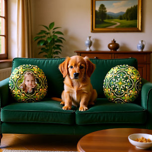 Beautiful olive and yellow Azulejos, custom photo Round Pillow