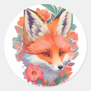 Beautiful orange bright full colour fox in flowers classic round sticker