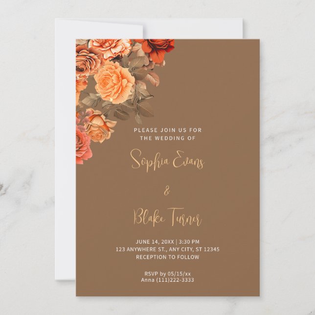 Beautiful Orange Floral Bouquet Brown Wedding Invitation (Front)