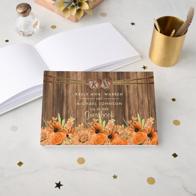 Beautiful Orange Flowers on Wood - Guestbook (Front Open)