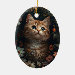 Beautiful Orange Kitten with Wildflowers Ceramic Ornament