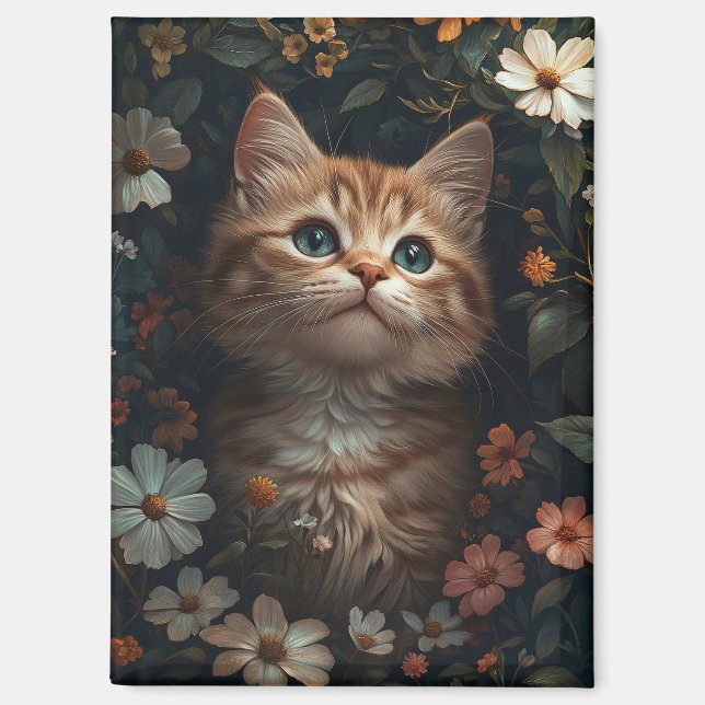 Beautiful Orange Kitten with Wildflowers Magnet (Front)