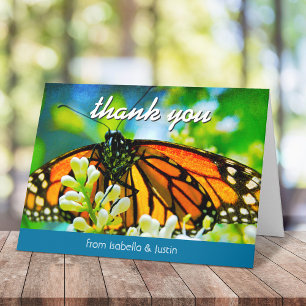 Beautiful orange monarch butterfly modern script thank you card