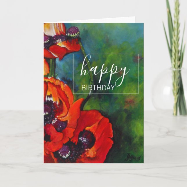 Beautiful Orange Poppies Painting Happy Birthday Card (Front)