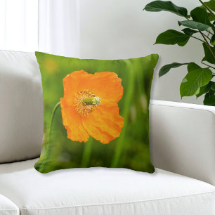 Beautiful Orange Poppy Flower Summer Photo Green Throw Pillow