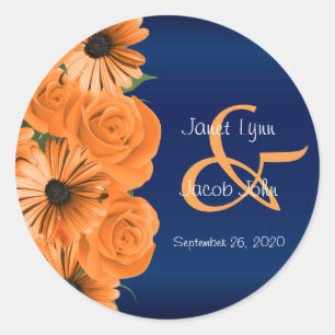 Beautiful Orange Rose and Navy Blue Wedding Classic Round Sticker