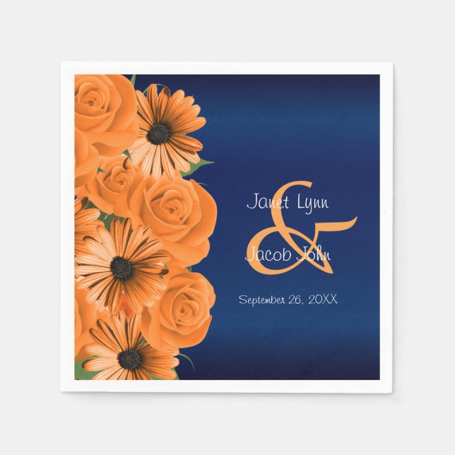 Beautiful Orange Rose and Navy Blue Wedding Napkin (Front)