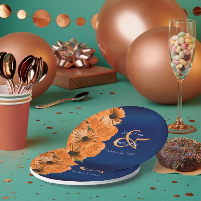 Beautiful Orange Rose and Navy Blue Wedding Paper Plate (Multi)